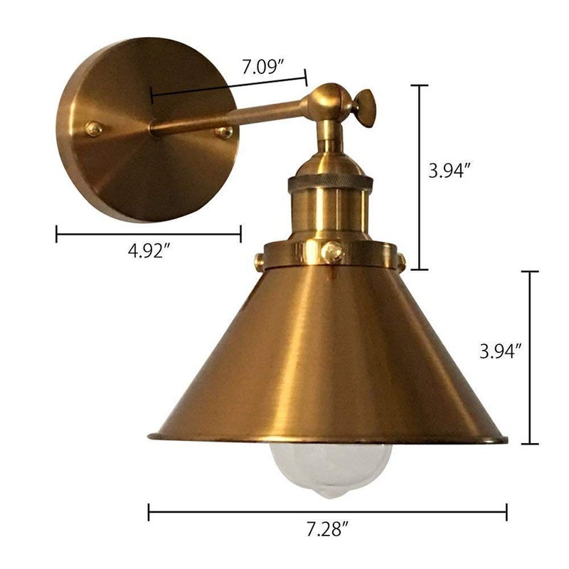 LITFAD 2 Pack Wall Lighting Fixture Adjustable Brass Finish 1 Light Wall Sconce 7.2" Retro Industrial Wall Lamp with Cone Shade for Bedroom Living Room Restaurant - Image 2